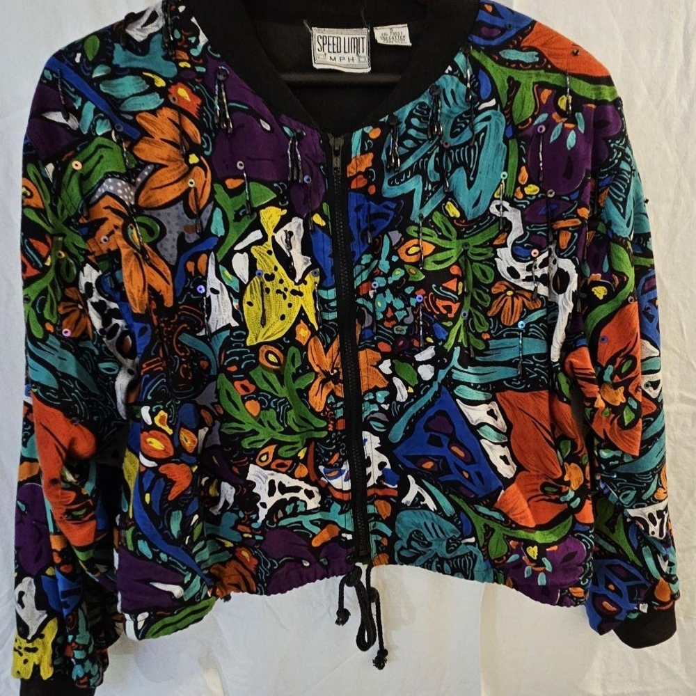 Vintage Speed Limit MPH Womens Abstract Mosaic Print Colors Bomber Jacket Size S